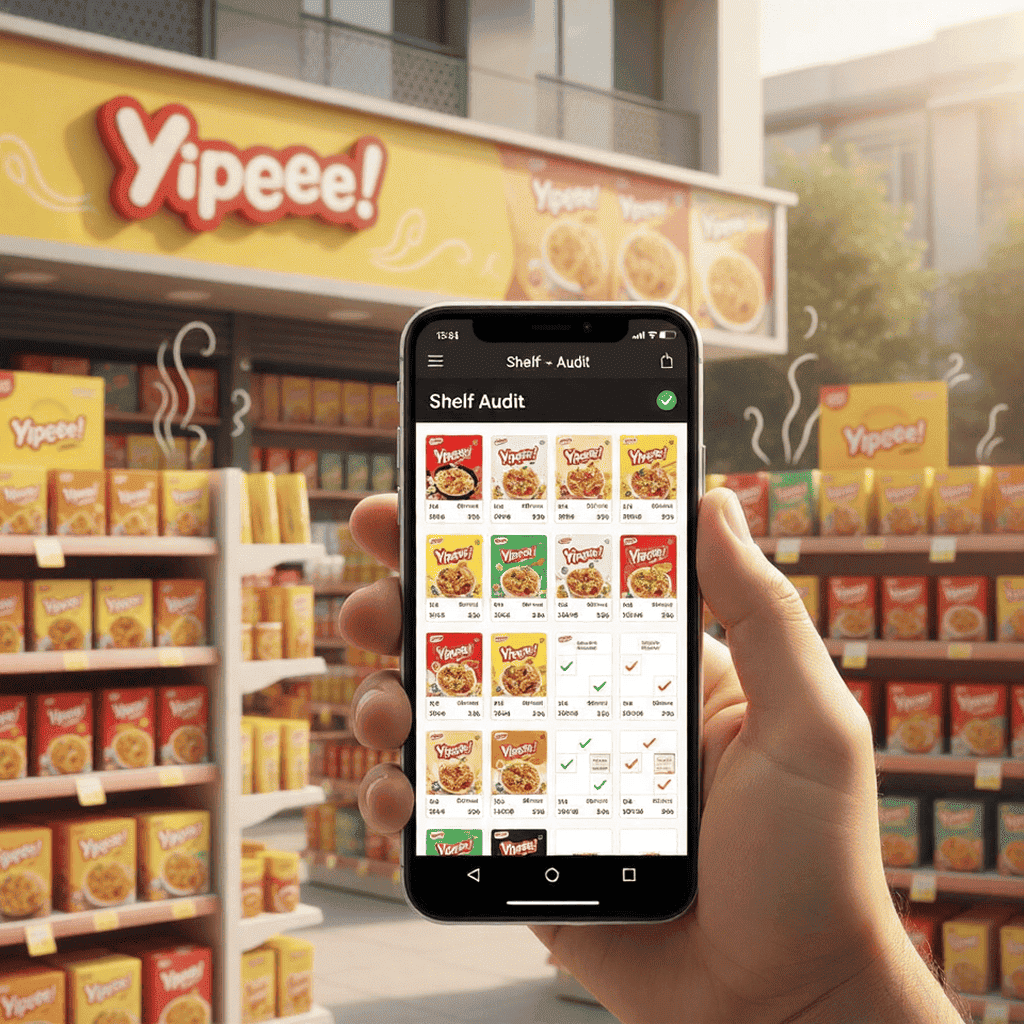 Retail merchandising dashboard showing shelf count, POSM execution, and store compliance